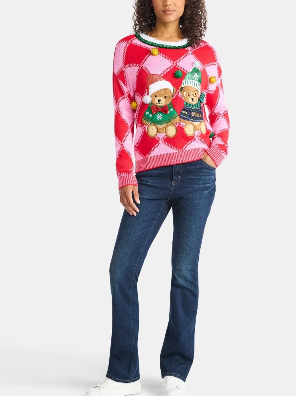 Holiday Time Red and Pink Teddy Bear ugly Christmas Sweater size XL